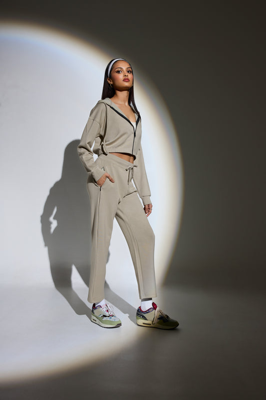 Aeroclouds Retreat Set Zipper Hoodie and Wide Leg Pants Beige