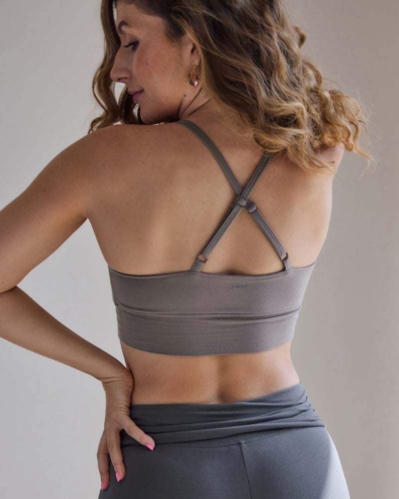 Aero Set Sand Grey Cross Back Bra and Stone Grey Foldover Flares