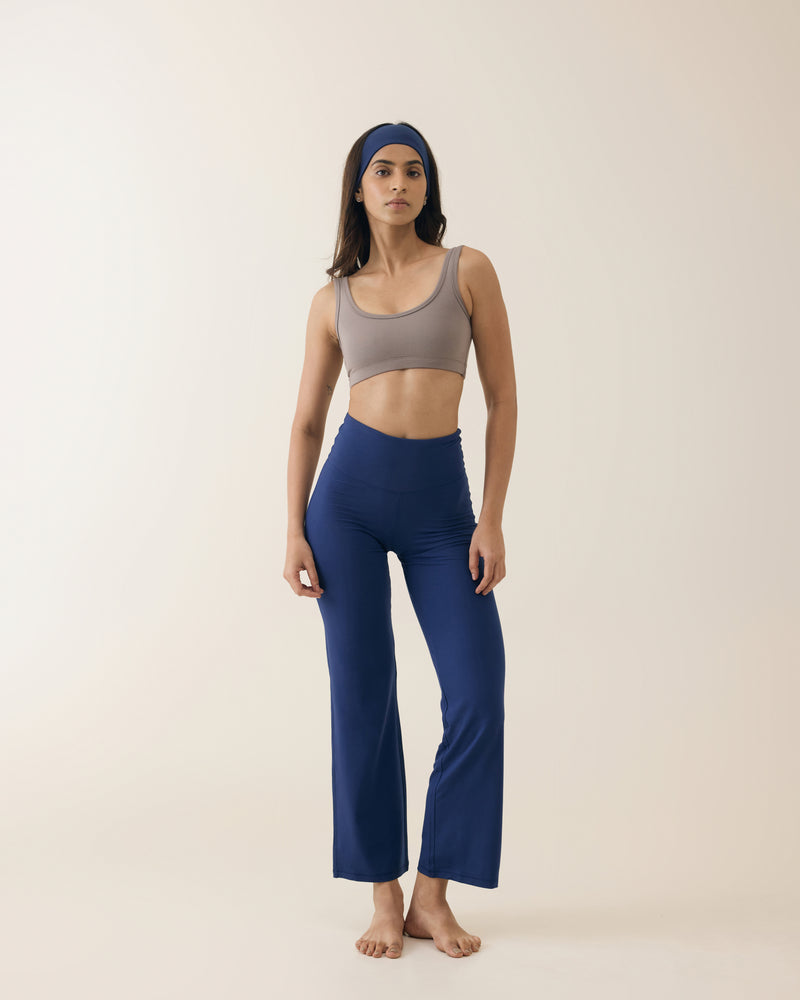 Aero Set Sand Grey Athletic Bra and Navy Peony Flared Yoga Pants