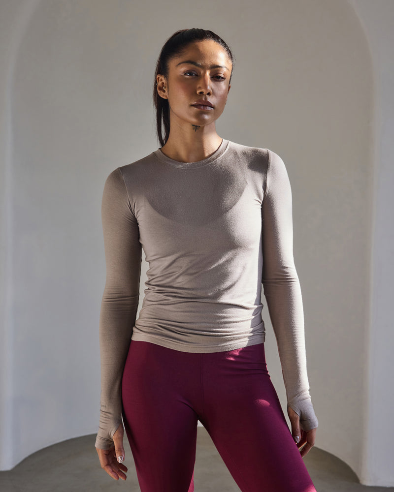 Aero Set Sand Grey Long Sleeve with Thumb Hole and Deep Berry Leggings