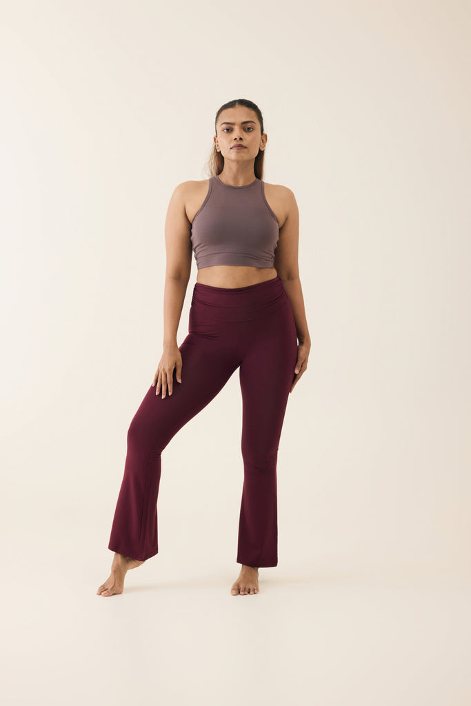 Aero Set Dusty Fig Racer Cropped Top and Deep Berry Foldover Flares