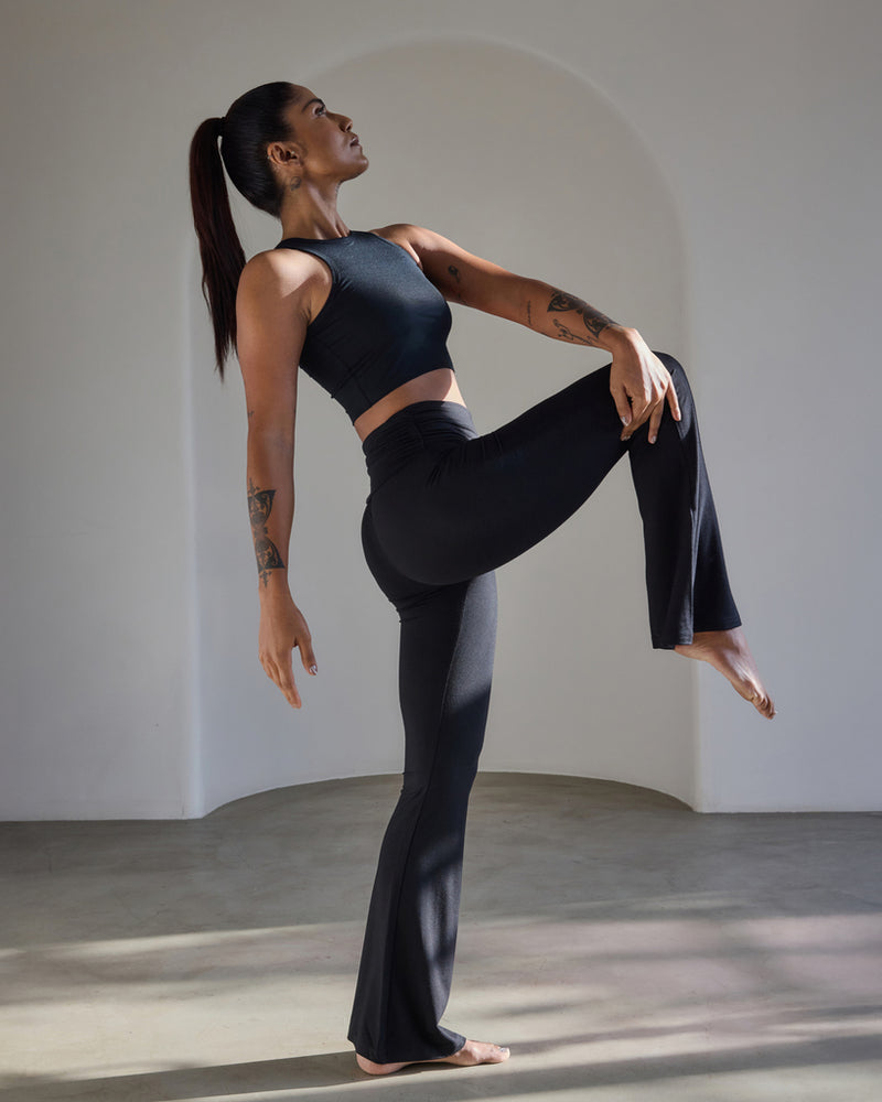 Aero Set Racer Cropped Top and Foldover Flares Midnight Black