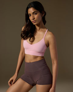 Aero Set Icy Pink Cross Back Bra and Dusty Fig Hot Shorts
