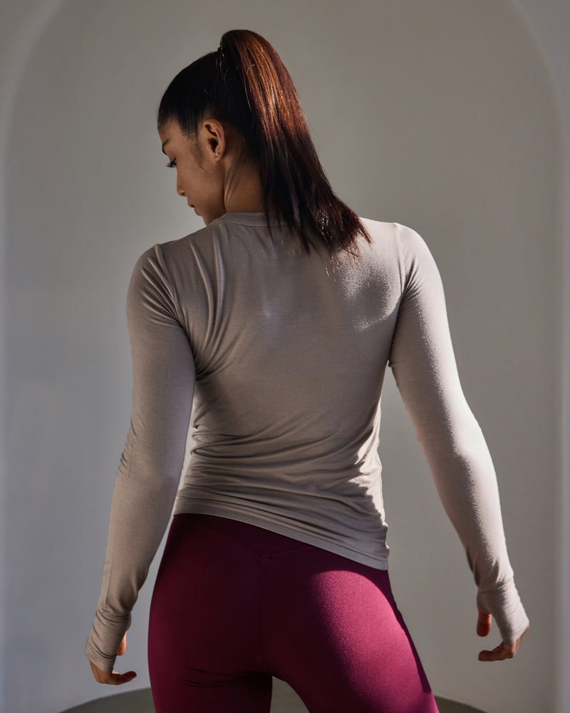 Aero Set Sand Grey Long Sleeve with Thumb Hole and Deep Berry Leggings