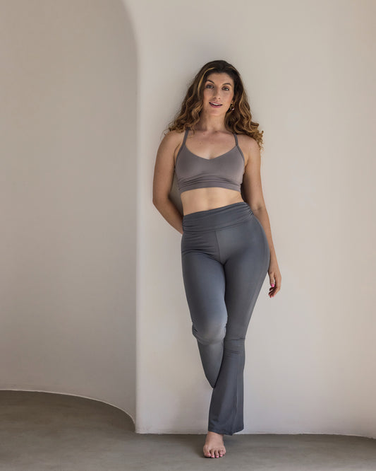 Aero Set Sand Grey Cross Back Bra and Stone Grey Foldover Flares