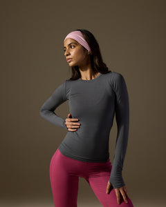 Aero Set Stone Grey Long Sleeve with Thumb Hole and Malaga Pink Flared Yoga Pants