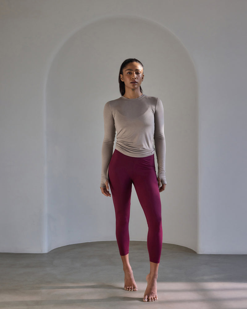 Aero Set Sand Grey Long Sleeve with Thumb Hole and Deep Berry Leggings