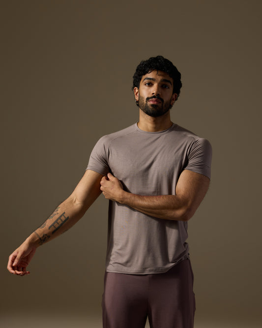 Aero Set Sand Grey Slim Fit Short Sleeve Tee and Dusty Fig Pants