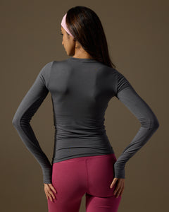 Aero Set Stone Grey Long Sleeve with Thumb Hole and Malaga Pink Flared Yoga Pants