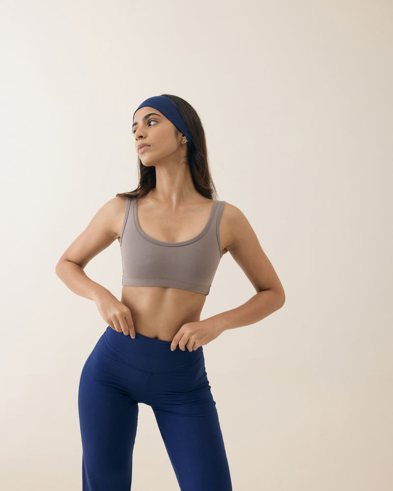 Aero Set Sand Grey Athletic Bra and Navy Peony Flared Yoga Pants
